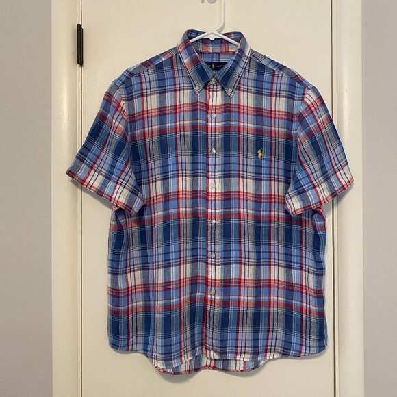 Ralph Lauren Polo Men's S/S Classic Plaid 100% Linen Button-Down Shirt L Pony - Picture 1 of 10